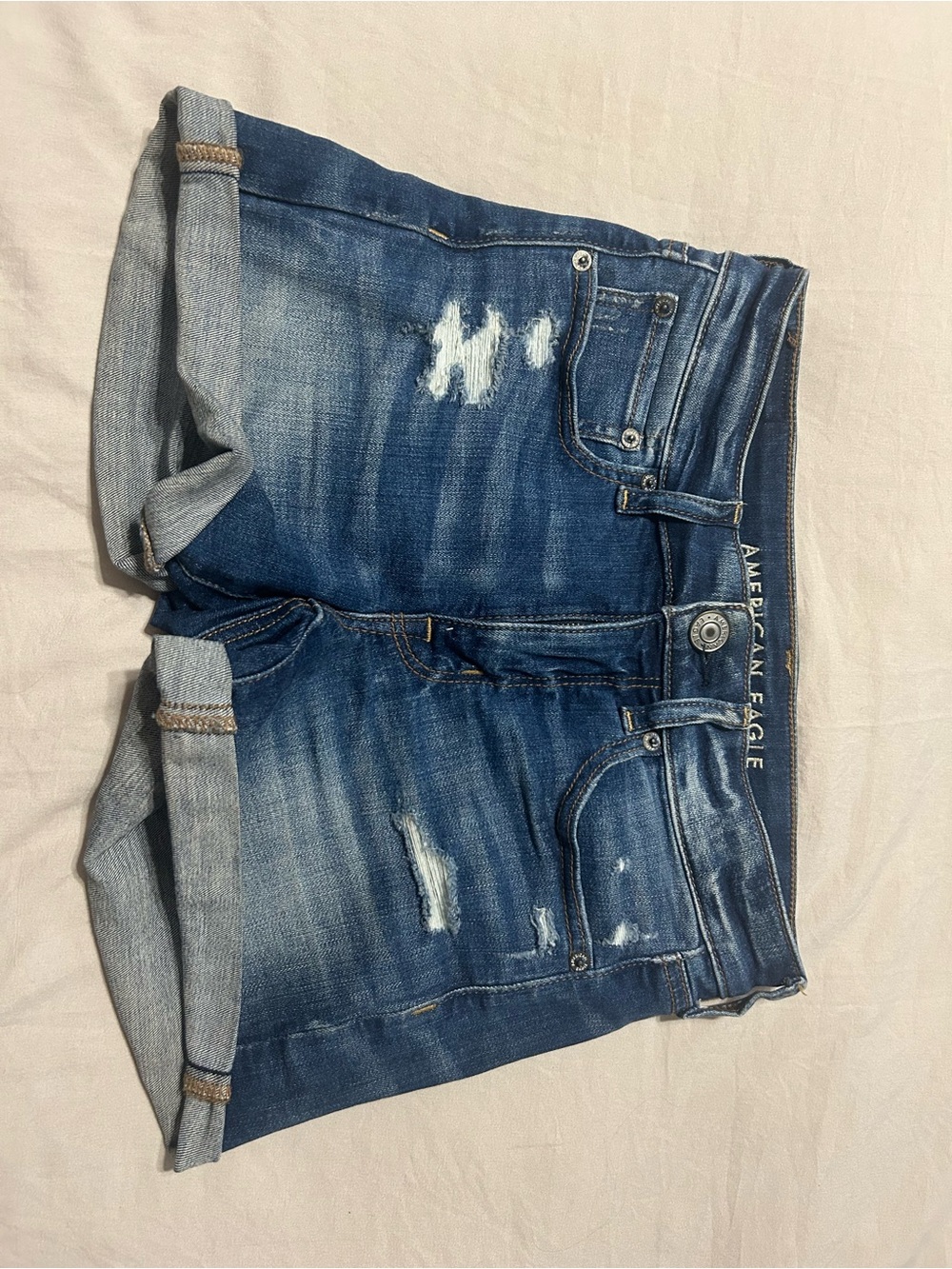 American Eagle Outfitters Dark Blue Distressed Denim Roll-Cuff Shorts